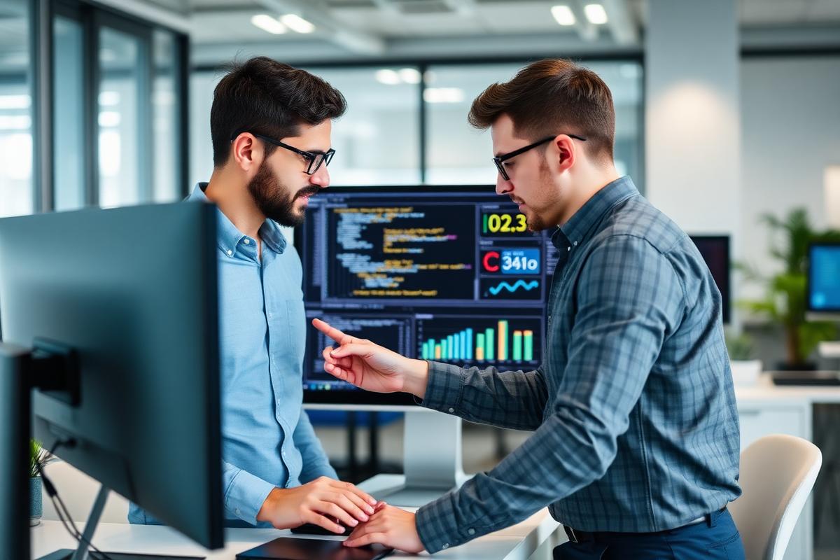 Two software engineers reviewing code and data charts on office monitors